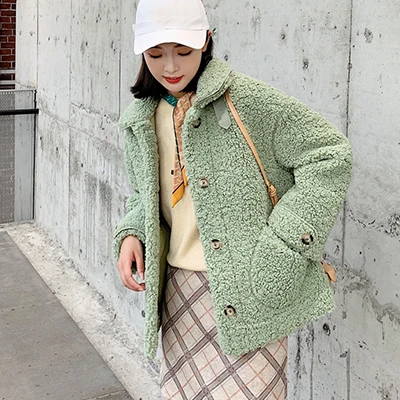 Green Теплые куртки из овечьей шерсти женские корейские однобортные пальто из искусственного меха женские толстые плюшевые карманы пуговица плюшевая шерстяная верхняя одежда - Цвет: Green