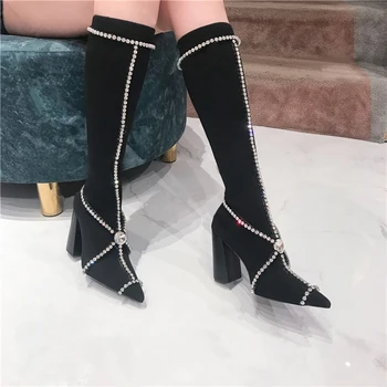 

Sexy Shiny Rhinestone Straps Embellished Knitting Stretch Boots Chunky High Heels Fashion Women Slim Leg Winter Long Boots