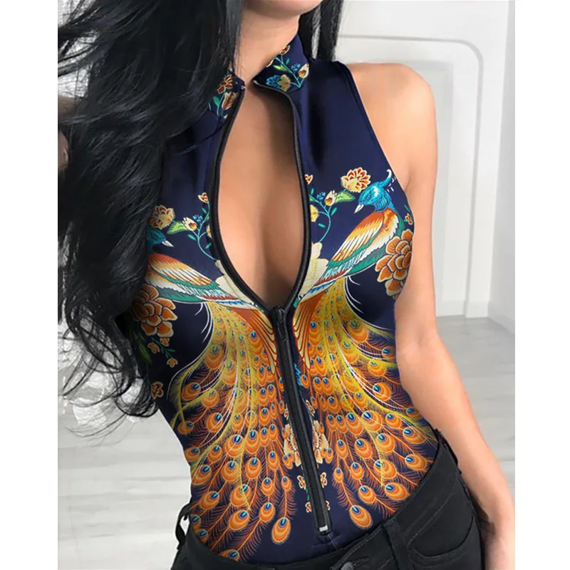 New Fashion Women Summer Sexy Zipper Front Peacock Print Sleeveless Bodysuit New Fashion Women Summer Sexy Zipper Front Peacock Print Sleeveless Bodysuit