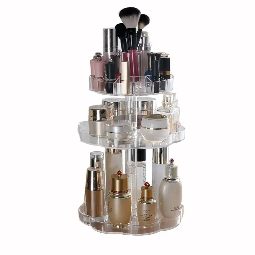 

Transparent 360Â°Rotating Makeup Organizer Case 3 Tiers Acrylic Cosmetic Jewelry Storage Holder Bracket For Bedroom Bathroom