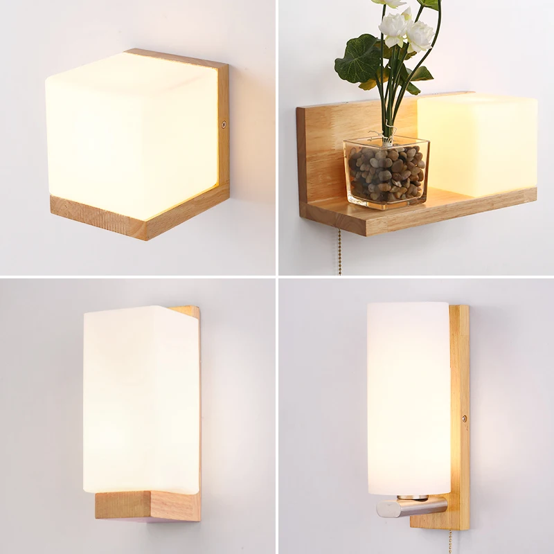 The lamp body adopts oak and iron material, size 38cm wide, 18cm high, the light source of the lamp is LED, 6W, the style of the Glass Wood Modern led wall light is simple modern.