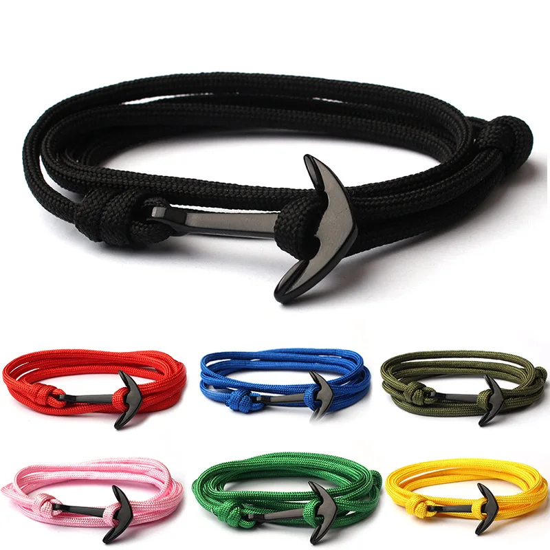 Мужской женский браслет черный из сплава с якорем многослойная веревочная цепь