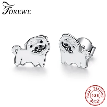 

100% 925 Sterling Silver Stud Earrings for Women Girls Kids Lovely Cute Pet Dog Animal Earrings with White Enamel Silver Jewelry