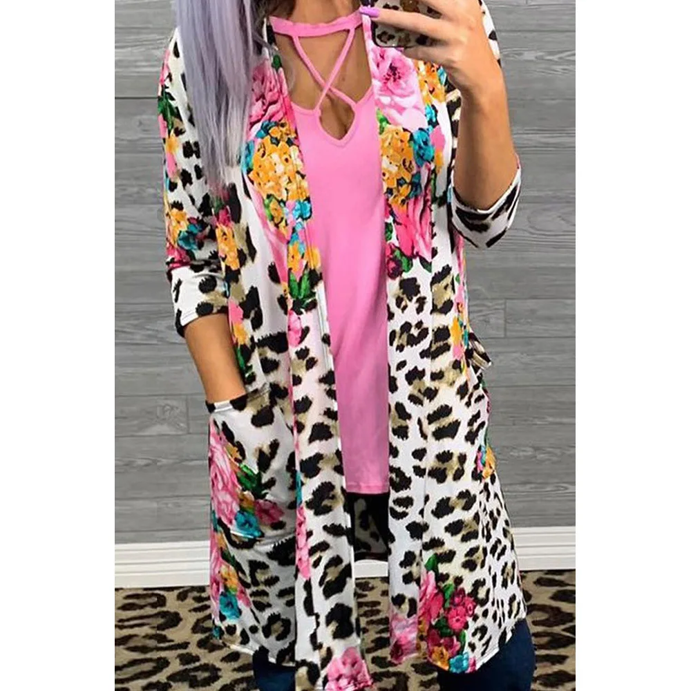 

Leopard print cardigan three-quarter sleeve swomen's autumn and winter mid-length thin jacket casual loose large size jacket