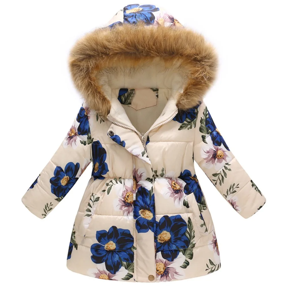 Зимняя теплая куртка с цветочным принтом для маленьких девочек и мальчиков; ветрозащитное пальто с капюшоном; пальто для девочек; коллекция года; зимняя теплая детская куртка