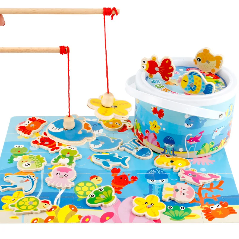 Magnetic Fishing Wooden CHILDREN'S Toy Model Play House Jigsaw Puzzle Make-up Barrel Fishing Toys Wholesale