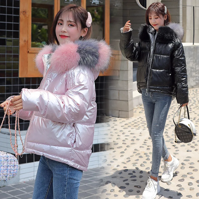 

2019 Autumn And Winter New Style Korean-style Bright Surface Cotton Coat Loose-Fit WOMEN'S Dress Students Short Large Fur Collar
