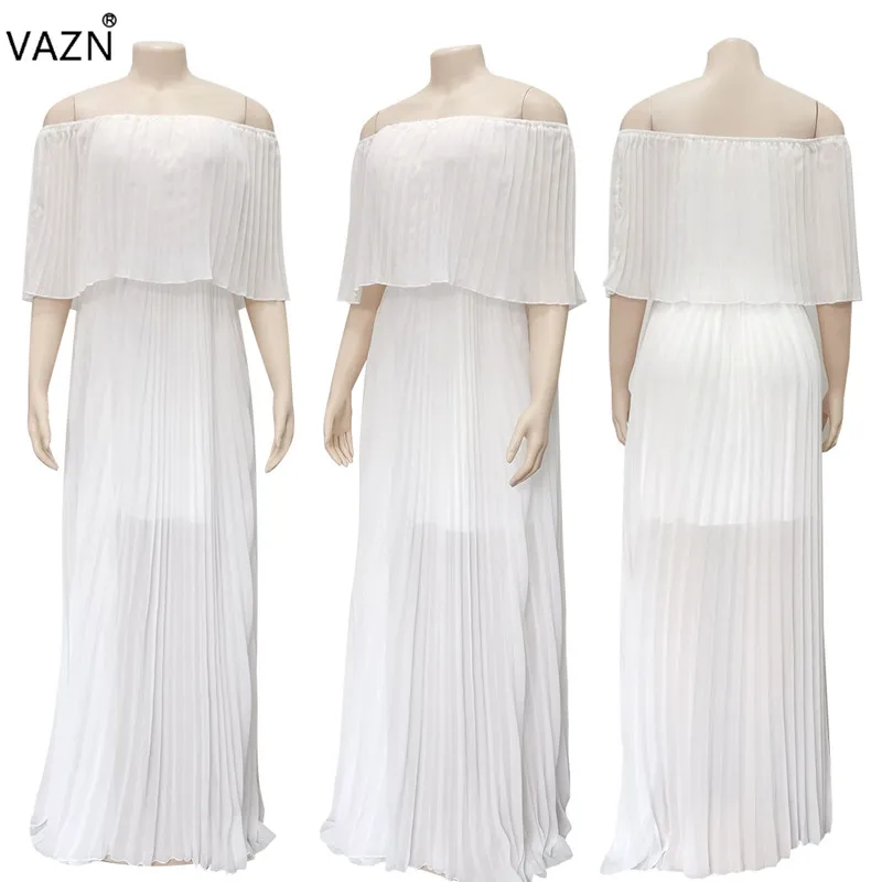 VAZN YC1848 новые каникулы мягкие Бесплатные сексуальные молодых моды твердые Slash шеи половина рукав летучая мышь шифоновое женское Макси плиссированное платье