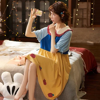 

Caiyier Cute Cartoon Cotton Summer Nightdress Turn-down Collar Short Sleeve Sleepwear Girls Causal Nightgowns Home Sleepshirts