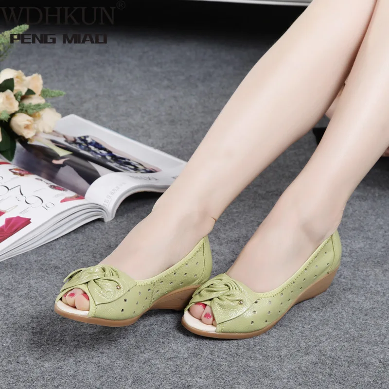 

Fish mouth Women Mother Female Shoes Sandals Flats Cow Genuine Leather PU Casual Summer Cool Beach Slip On Size 35-43