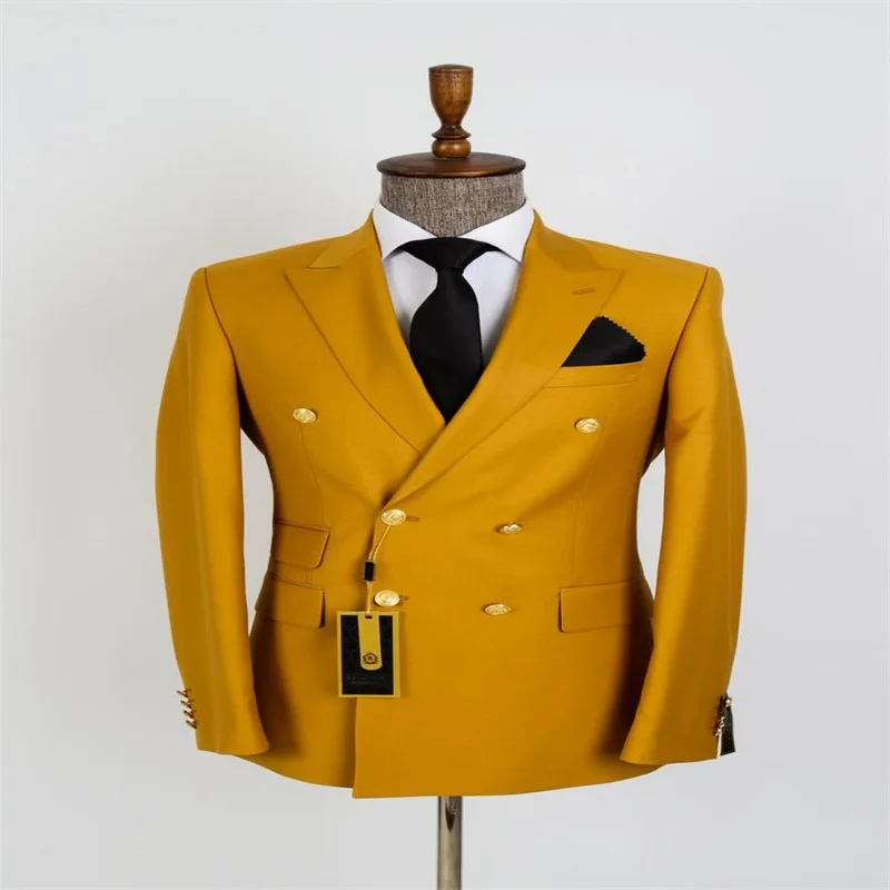 Men's Gold Metal Double Button Formal Coat and Pant Suits High Quality Handsome Spring Wedding Sets 2 Pcs Customized