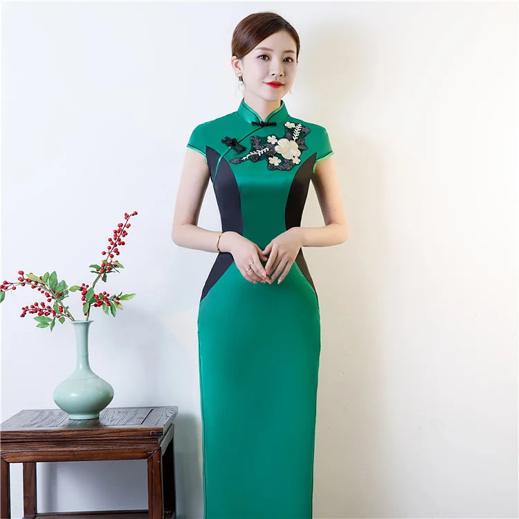 green Модные вечерние Cheongsam Восточное вечернее платье в китайском стиле женское элегантное Qipao сексуальное длинное платье ретро Vestido размера плюс S-5XL - Цвет: green