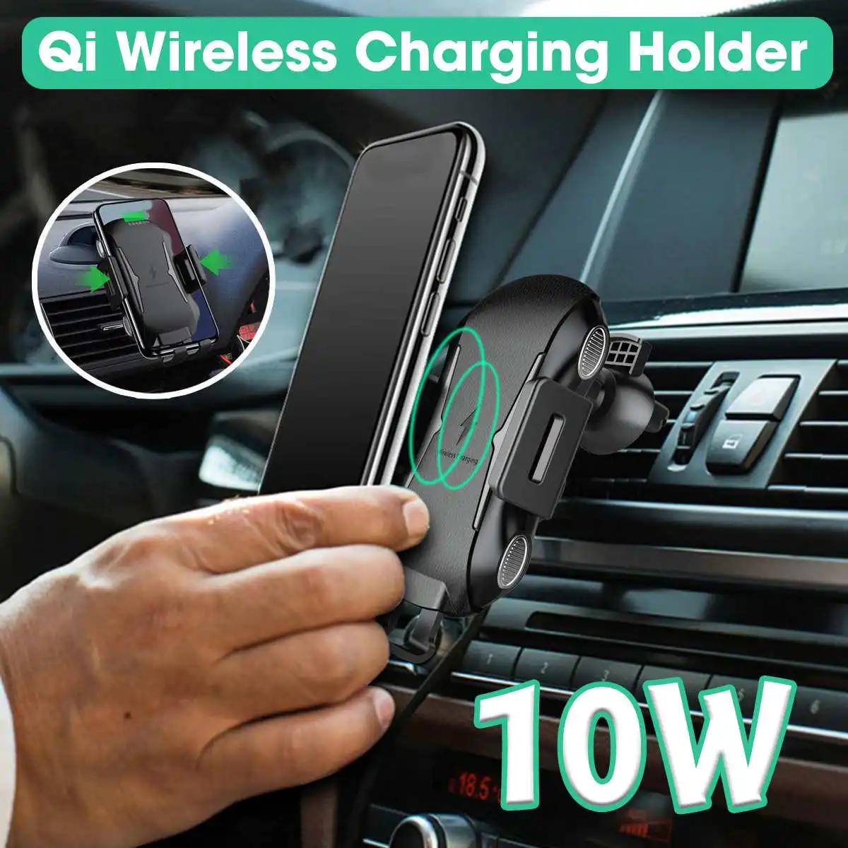 

10W Wireless Charger Qi standard Fast Charging Air Outlet Holder for Cell Phone Hand-free Call Anti-slippery Anti-shock