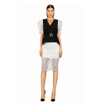 

2020 Elegant White With Black Patchwork Short Sleeve Lace Dress Fashion Sexy Club Celebrity Party Vestidos Good Quality Dresses