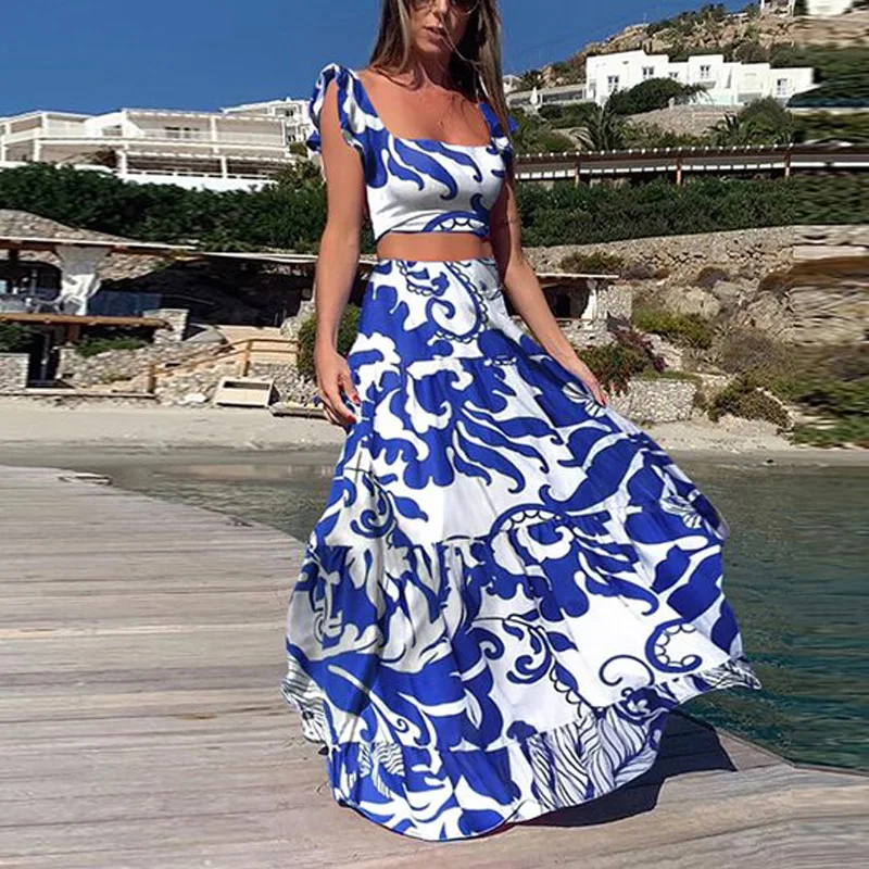 Dames zomer 2-delige lange rok set, holle bloemen mouwloze crop tank top lange maxi rok sets met zak Y2k vakantie strandkleding outfits, Blauw, L
