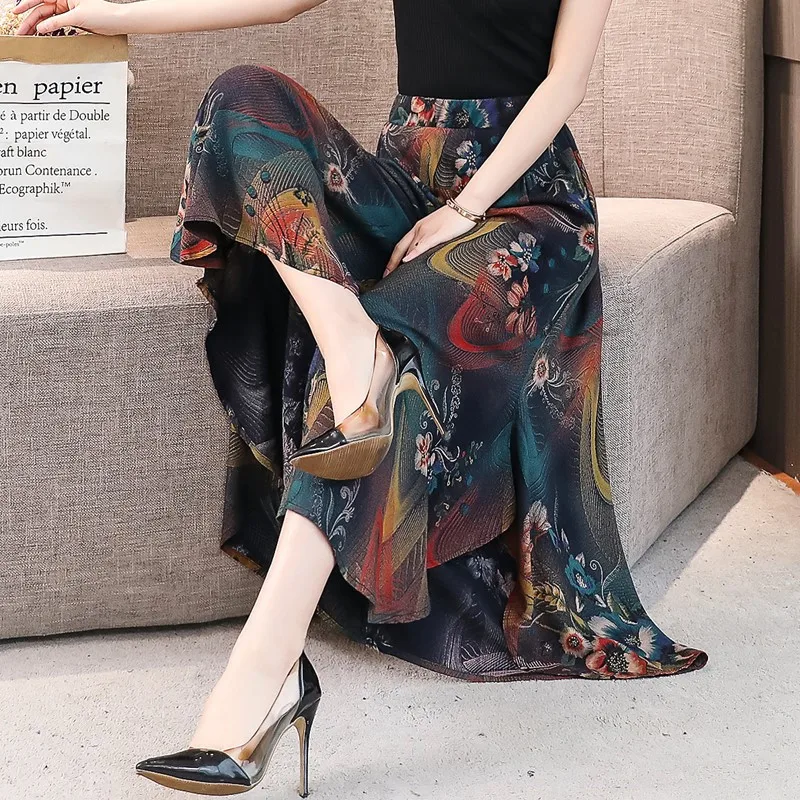 Summer Middle Aged Women Pants High Waist Large Size National Style Women's Wide Leg Pants Lady Cotton Silk Printed Skirt Pants Summer Middle Aged Women Pants High Waist Large Size National Style Women's Wide Leg Pants Lady Cotton Silk Printed Skirt Pants