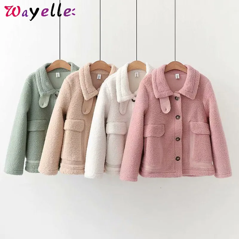 Lamb Wool Coat Women Outwear Jacket Warm Thick Fur Winter Candy Color Single Breasted Pockets Korean Top |