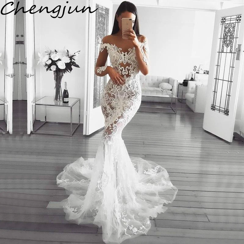 Chengjun Русалка Стиль Украина роскошное платье с длинным рукавом Дамы свадебное платье