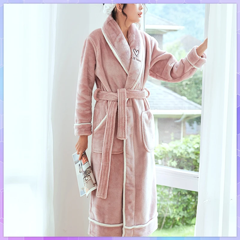 Solid Winter Warm Robes Women's Nightgowns Thick Bathrobe Female Coral Fleece Kimono Sleepwear Home Clothes Dressing Gown