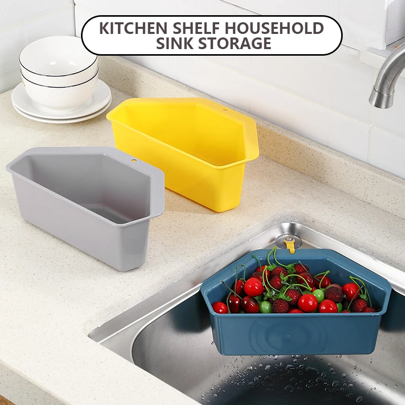 

1Pc Kitchen Triangular Sink Strainer Drain Fruit Vegetable Drainer Basket Suction Cup Sponge Rack Storage Tool Sink Filter Shelf