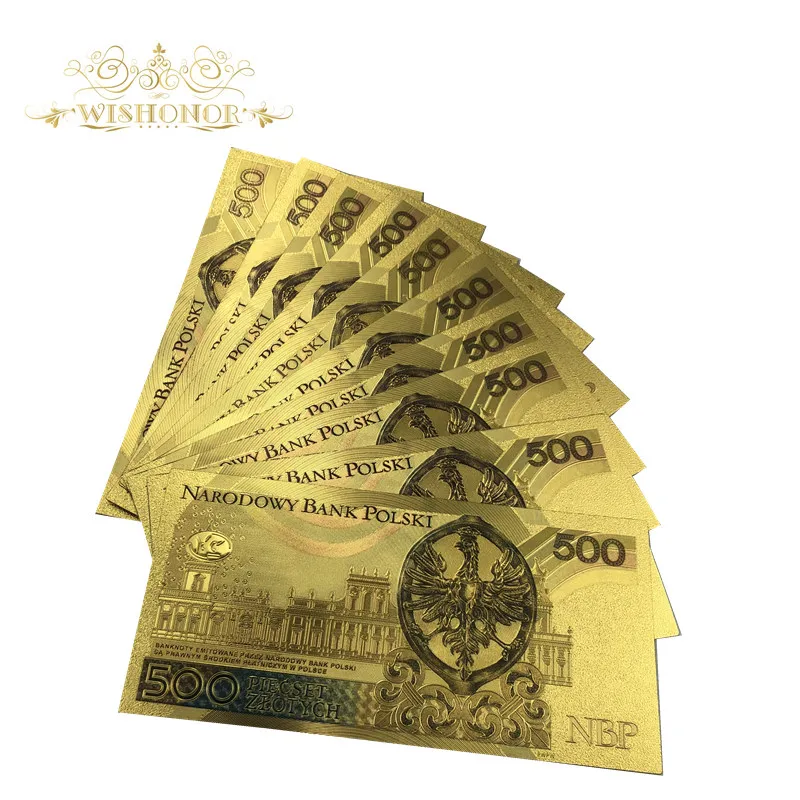 10 шт./партия, милые банкноты в Польшу, 500 купюр, золото, 24 k, позолоченная бумага, копия денег для коллекции
