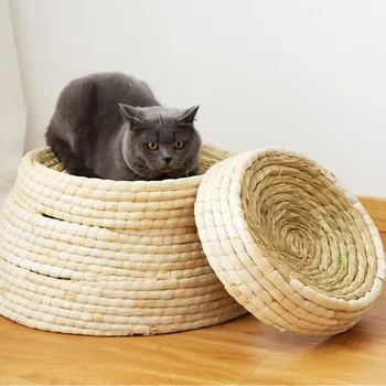 

Pet Straw Braided Bed Puppy Kennel Cat Nest Kitten Scratching Sleeping Mat Pets House Cats Grinding Claw Cushion Pad