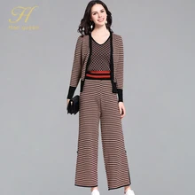 H Han queen/вязаные костюмы из 3 предметов с брюками, женский осенне-зимний полосатый кардиган и жилет, укороченный топ и длинные штаны с высокой талией, Рабочий комплект