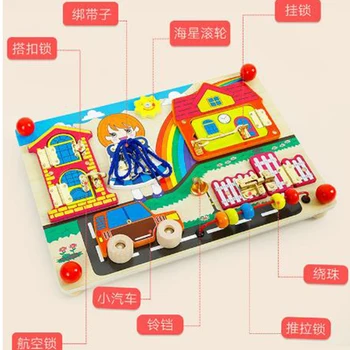 

Kids Learning Wooden Montessori Practical Life Lock Board Puzzle Basic Learning Skills Montessori to Unlock Early Education Toys