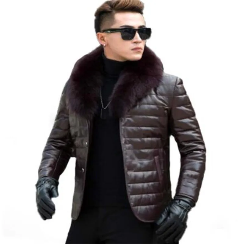 Genuine Leather Jacket Men Fox Fur Collar Men's Winter Down Jackets Korean Slim Coat Man Jaqueta Couro Masculina - Цвет: 2