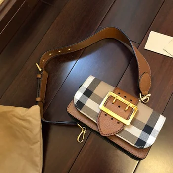 

2020 new genuine leather check female bag wide shoulder strap small square bag lattice bag shoulder messenger