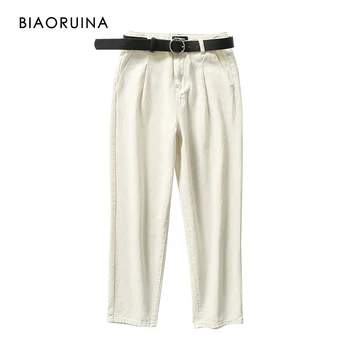 

BIAORUINA Women's Milk Color Loose Straight Ankle-Length Belted Pant Female Casual High Waist Cotton All-match Pant Trouser