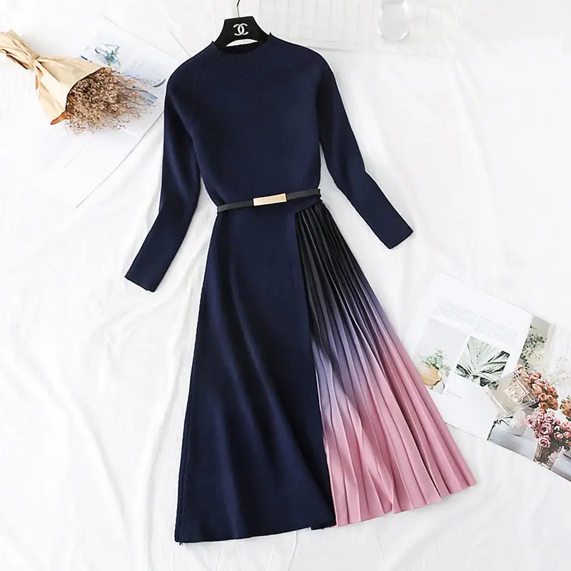 2022 Spring And Autumn New Women's Elegant Dress Long-Sleeved High-End Knitted Stitching Gradient Pleated Skirt