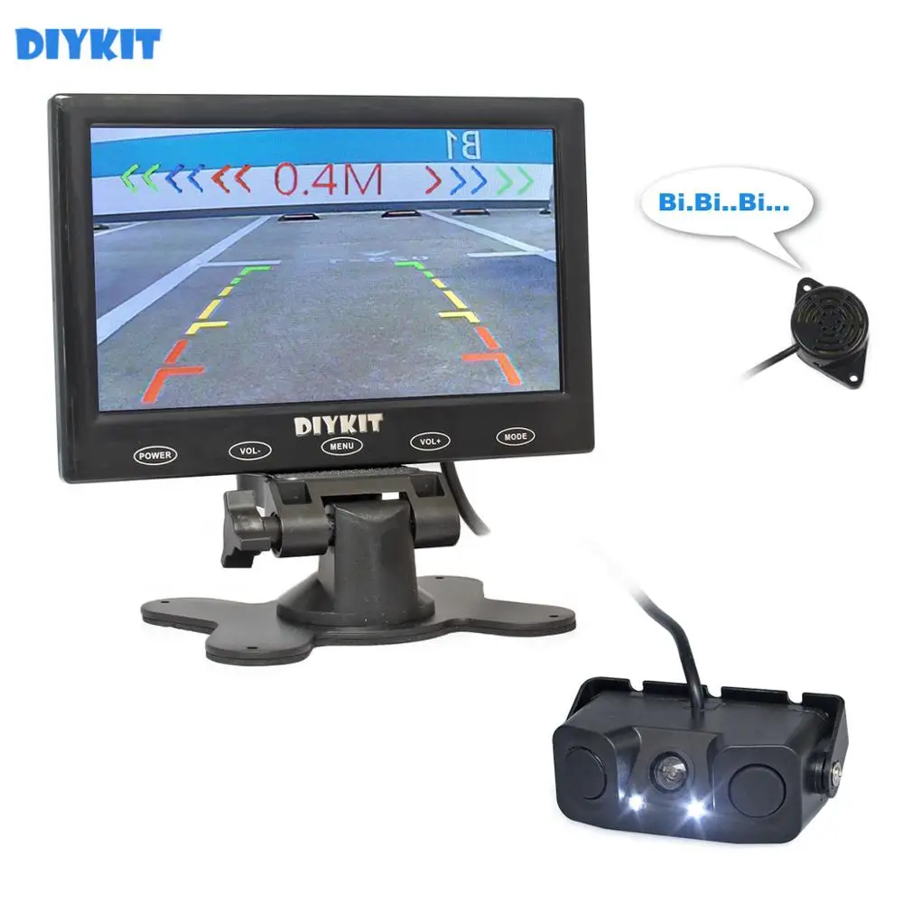 DIYKIT Video Parking Radar 7 inch Touch Button Ultra-thin Car Monitor + LED Rear View Car Camera Sensor Assistance System Kit