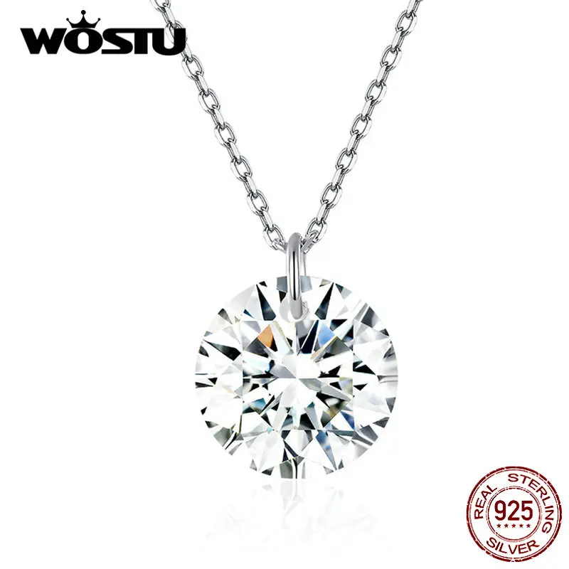 

WOSTU 100% 925 Sterling Silver Stylish Zircon Necklaces Round Crystal Pendant For Women Long Chain Link Wedding Jewelry CQN355