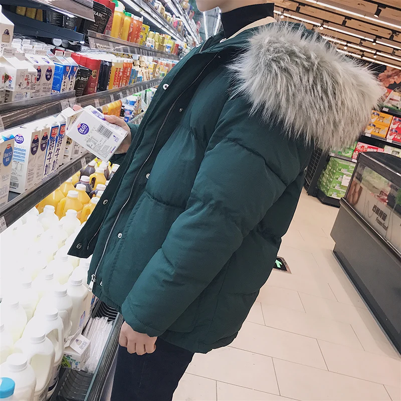 Зимнее пальто с капюшоном, Мужская теплая Модная парка, Мужская однотонная Повседневная хлопковая куртка с меховым воротником, Мужская Уличная свободная Толстая куртка - Color: Blackish green