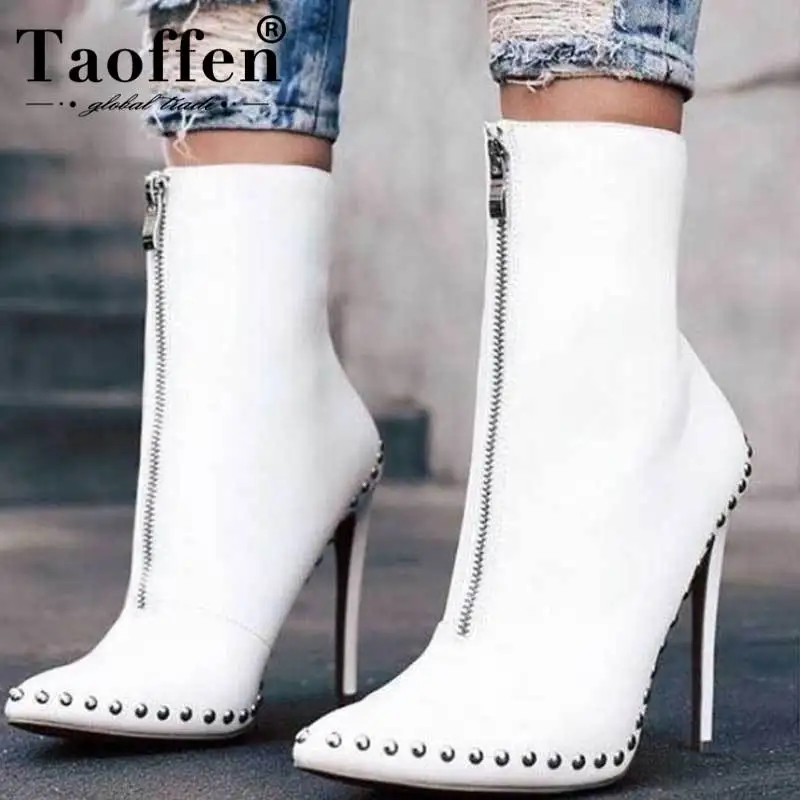 

Taoffen Super High Heels 2020 Woman Ankle Boots Rivets Zipper Fashion Sexy Ladies Short Boots Pointed Toe Footwear Size 35-42