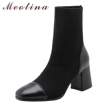 

Meotina Winter Ankle Boots Women Natural Genuine Leather Thick High Heel Short Boots Slim Square Toe Shoes Female Autumn Size 39