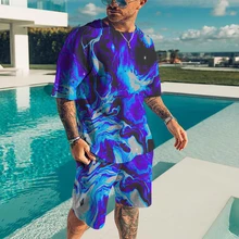 New Men's 3D Super Large Round Neck T-Shirt Fashion Street Beach Style 2-piece Youth Fshing Sports Short-Sleeved Suit Clothes