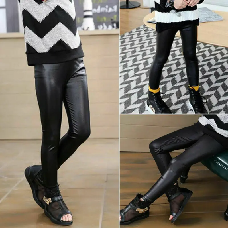 

2019 New Spring Autumn Kids Girl Legging Baby Girls Boys Skinny Pencil Pants Faux PU Leather Childrens Leggings Black Wine