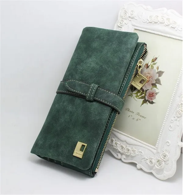 

Cheaper!! New Fashion Women Wallets Drawstring Nubuck Leather Zipper Wallet Women's Long Design Purse Two Fold More Color Clutch