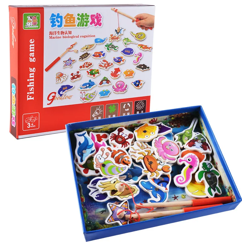

Baby Educational Wooden Toy Fishing Set Marine Biological Congnition Magnetic Fishin Toys Game Kids wood Gifts 32Pcs Fishing Set