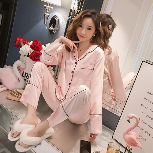 Party Pajamas Autumn New Women's Silk Long Sleeve Pajamas Set Loose Print Christmas Women Sleepwear Set Elastic Long Pants - Цвет: C HS 1906fen