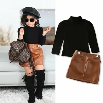 

1-5T Turtleneck Kintted Tops Fashion Mini Skirt Newborn Baby Girls Kid Sweater + Leather Skirt Outfit Clothes 2PCS