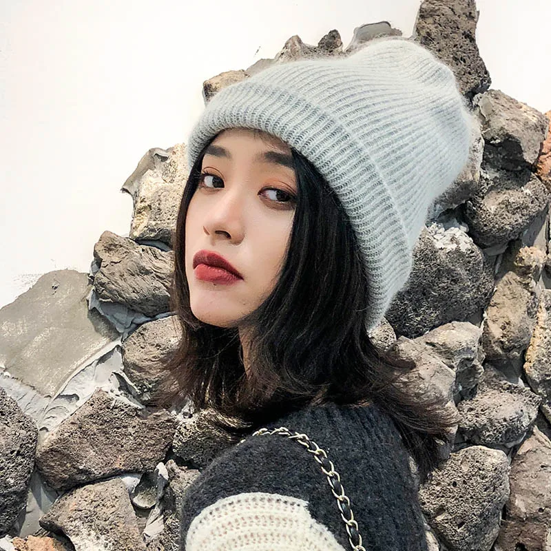 Зимние женские шапки вязаные Gorros плотные теплые мягкие женские повседневные однотонные шапка из кроличьей шерсти зимние женские шапки черные - Цвет: Color 3