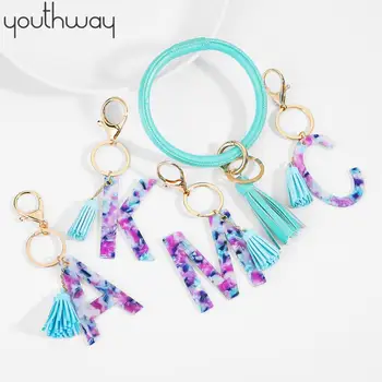 

2PCS Keychain Bracelet Bangle Green Tassel Alphabet Acetate Resin Charm Bracelet Exaggerated Big Round Keychain Wrist Strap