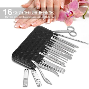 

16Pcs Stainless Steel Nail Clipper Set Manicure Pedicure Set Cutter Scissor Tweezer Earpick Blackhead Needles PU Bag Included