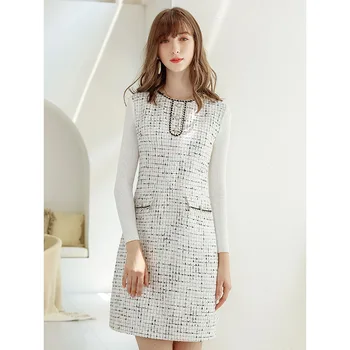 

Autumn and winter 2019 new brand women's round neck long sleeve woolen A-line dress ladies chic show thin dress