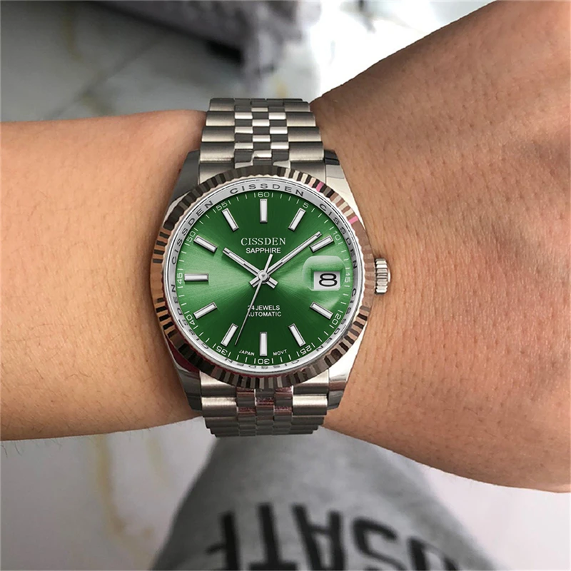 CISSDEN 2021 Men Mechanical Watch Top Brand Luxury Automatic Watch Sport Stainless Steel Waterproof 100M Watch Men NH35A Green