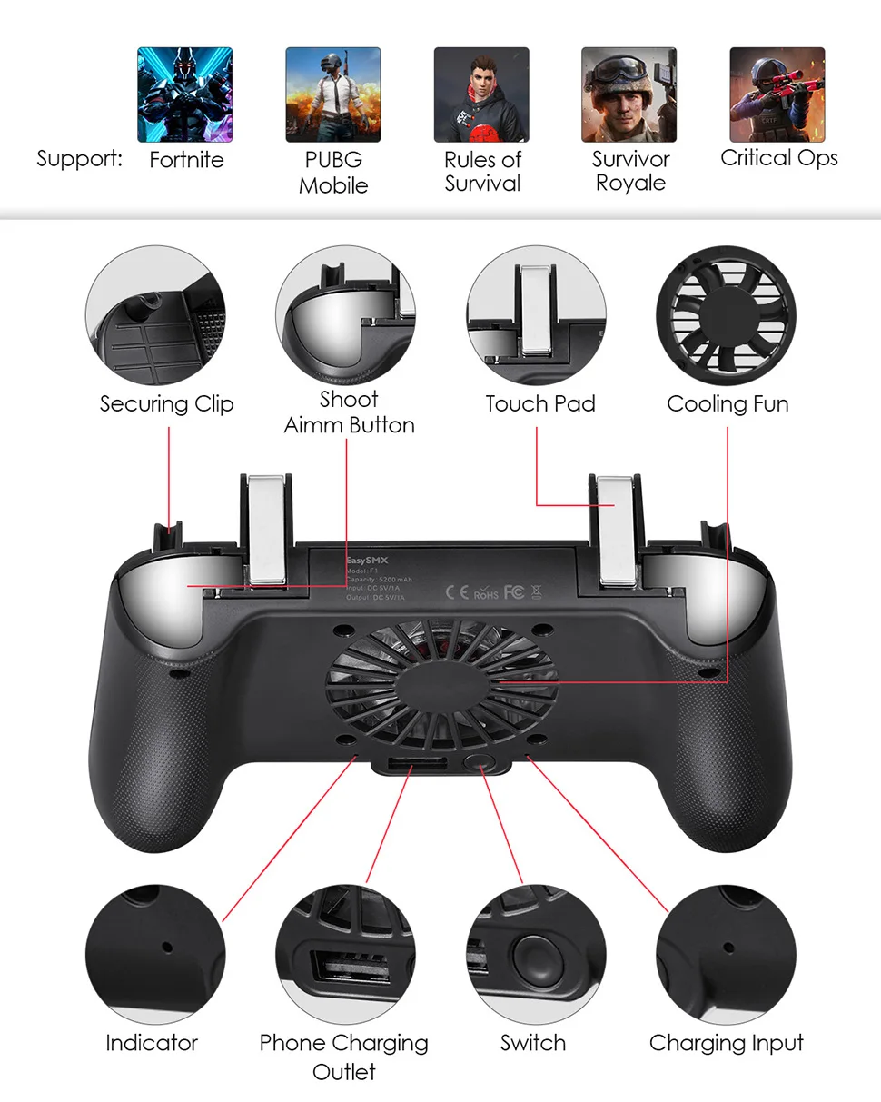 Игрового сцепление мобильный контроллер с охлаждающим вентилятором 5200 мА/ч, игровой триггер для мобильных телефонов 5-в-1 игровой контроллер для мобильных устройств для PUBG/Fortnite