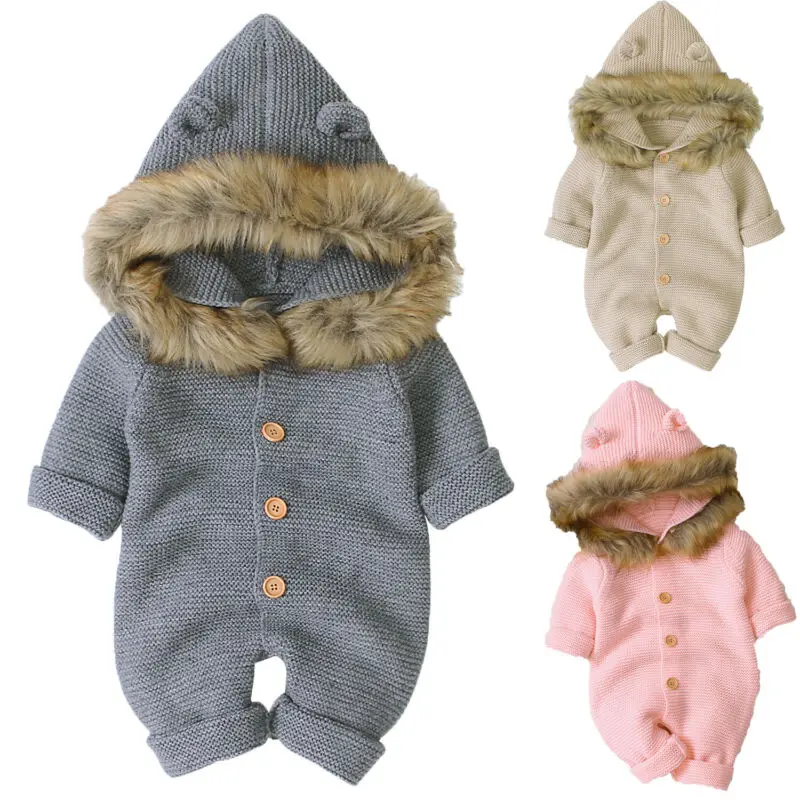 Newborn Baby Boy Girl Winter Warm Knitted Sweater Hooded Romper Gray Pink Khaki Jumpsuit Kids Clothes Playsuit Outfit